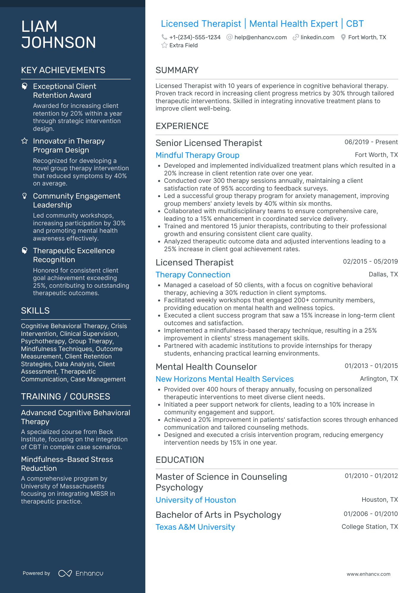 Licensed Therapist Resume Example