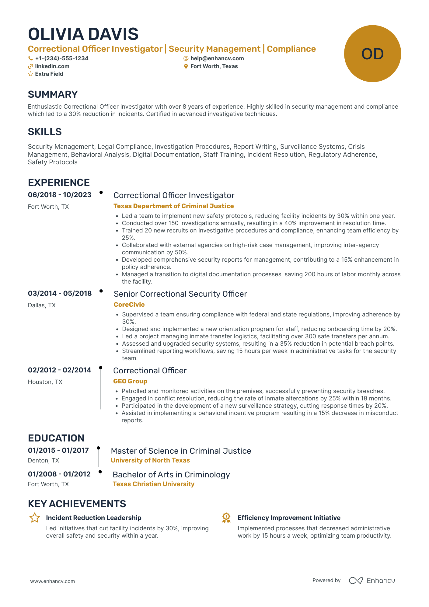 Correctional Officer Investigator Resume Example