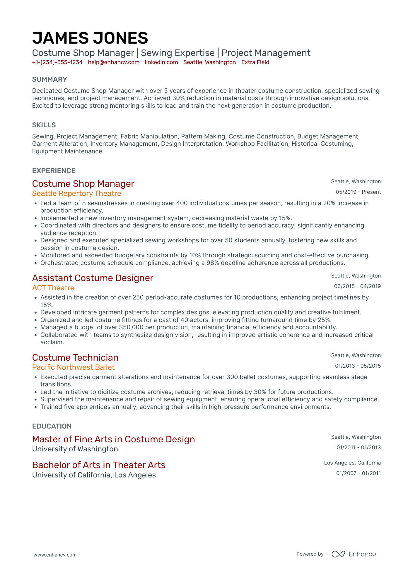 Dance Costume Designer Resume Example