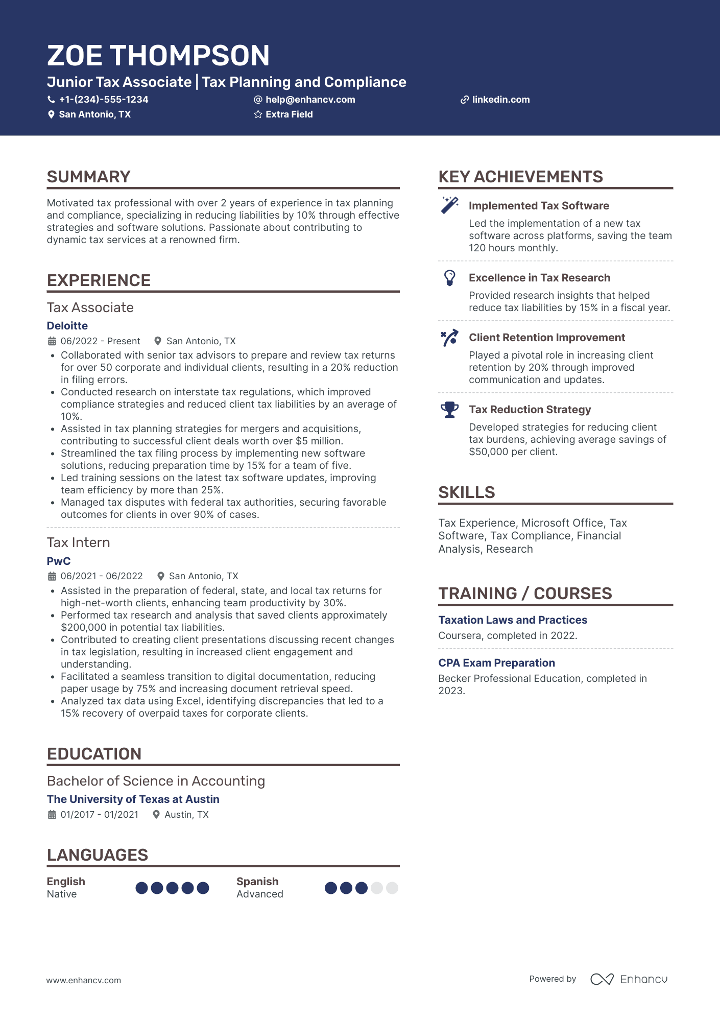 PwC Junior Tax Consultant Resume Example