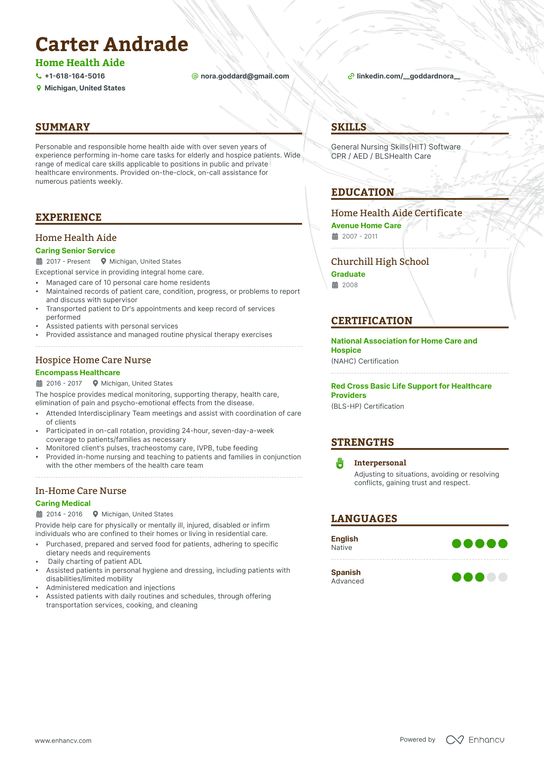 Home Health Aide Resume Example