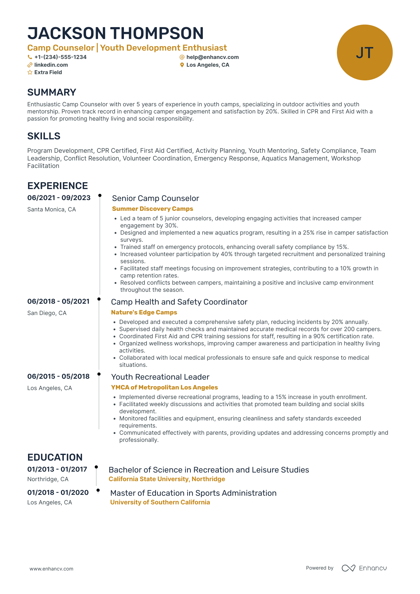 Youth Camp Counselor Resume Example