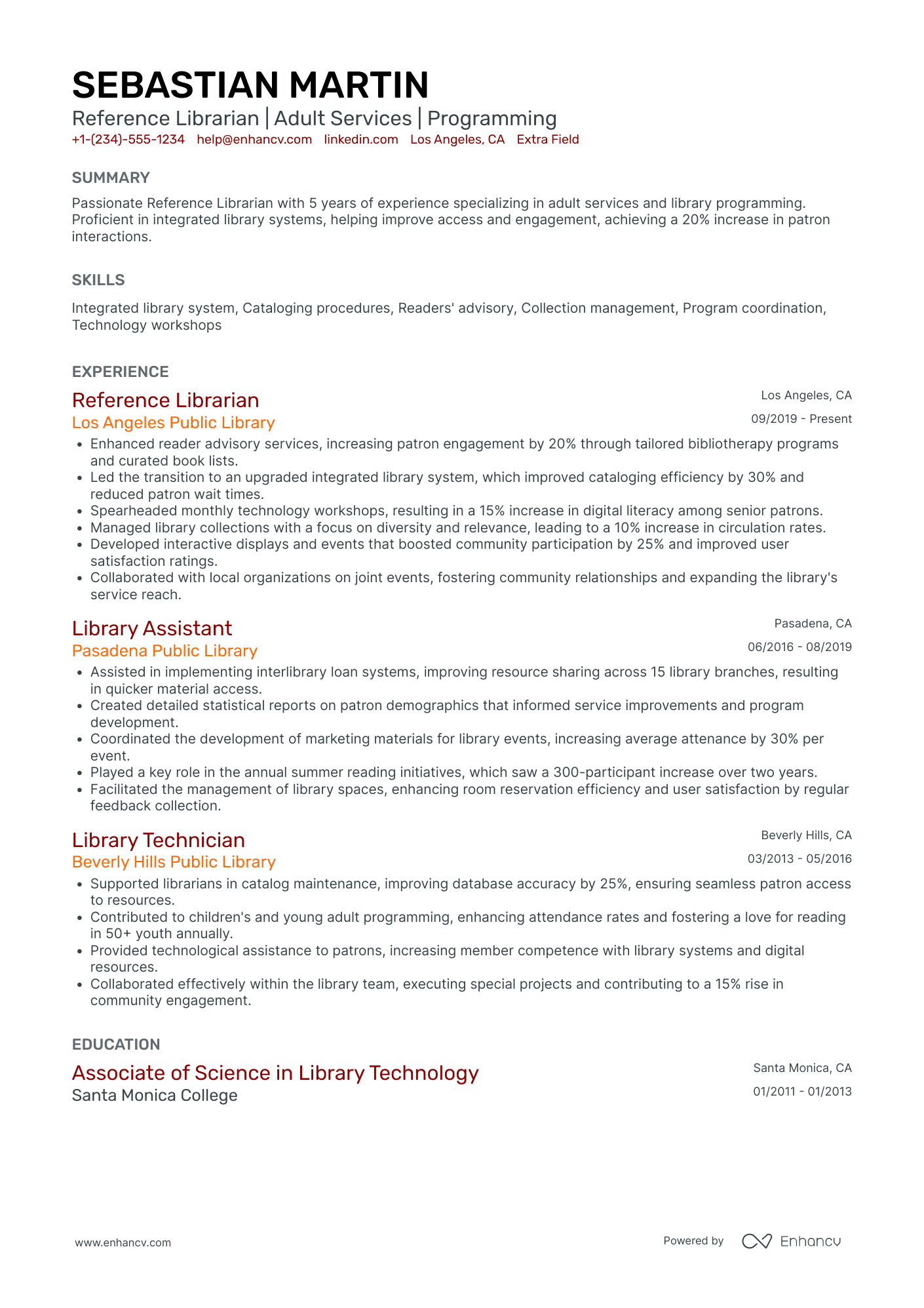 Reference Librarian Resume Example