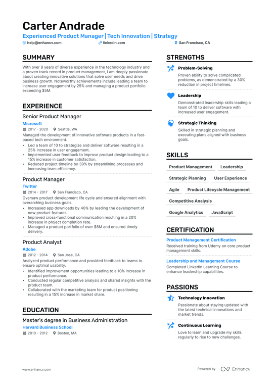 Google Product Manager Resume Example