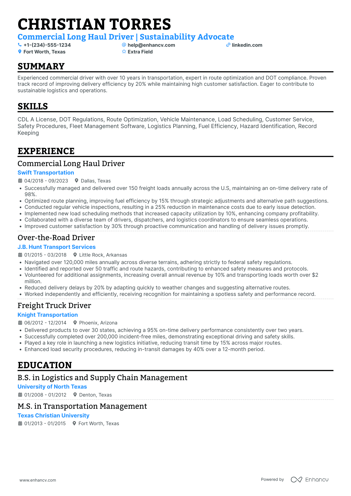 Long Haul Truck Driver Resume Example