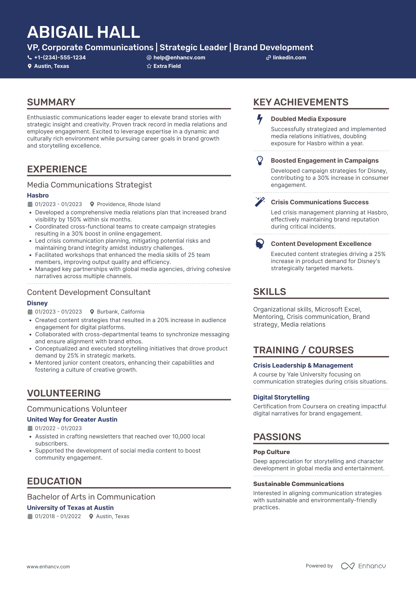 VP of Internal Communications Resume Example