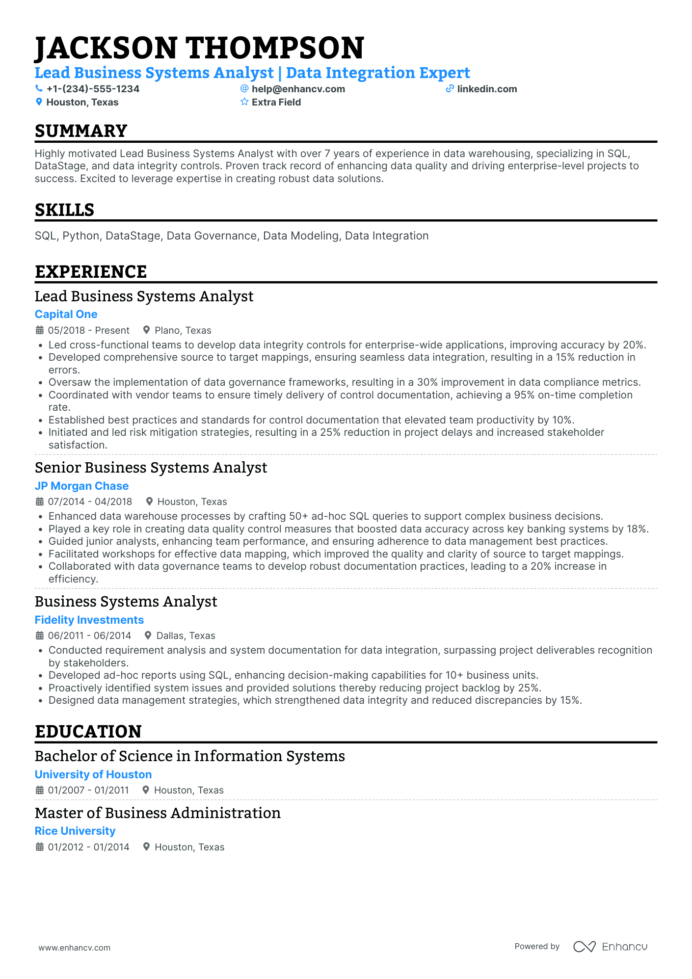 Data Warehouse Analyst Resume Example