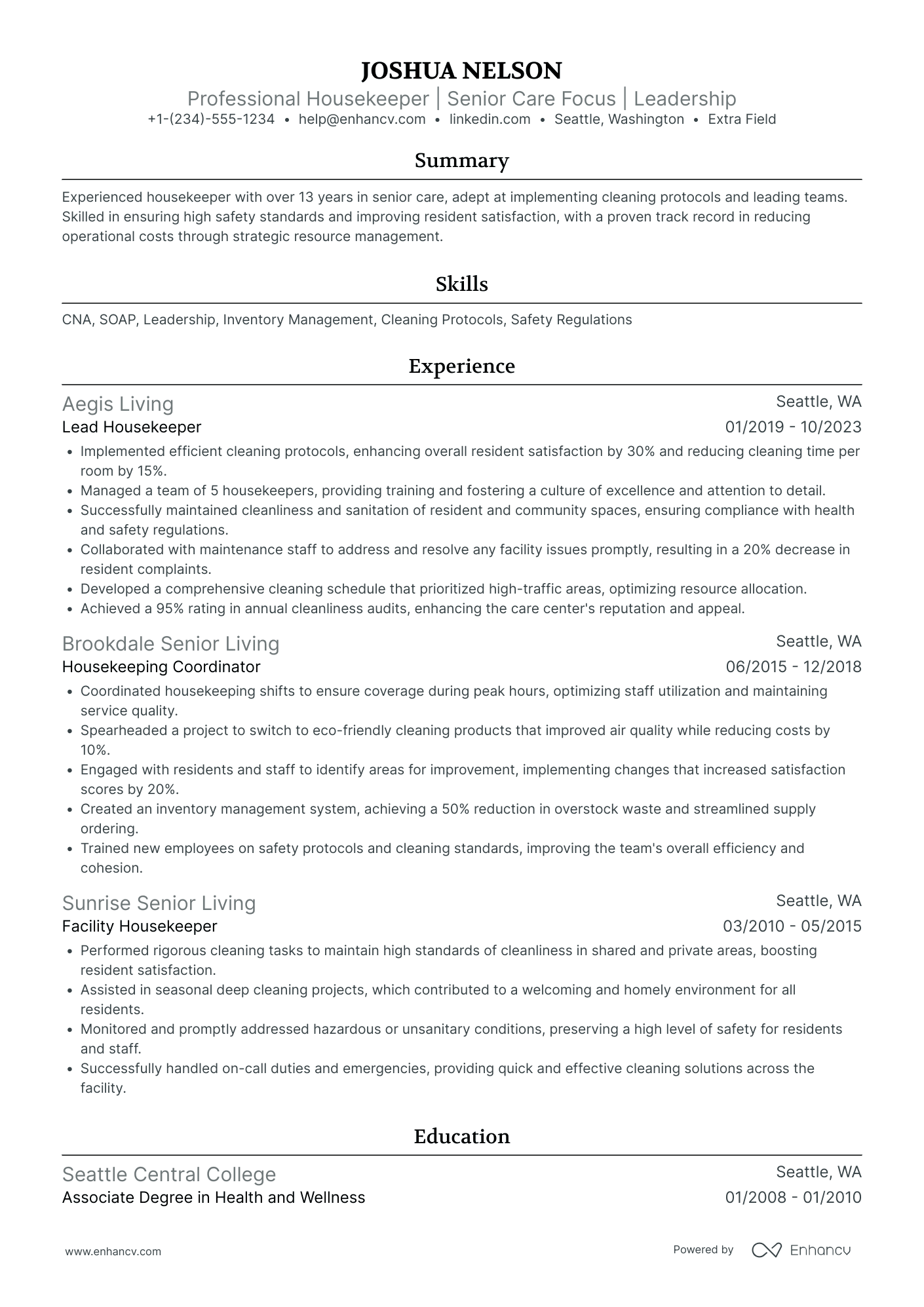 Assistant Housekeeper Resume Example