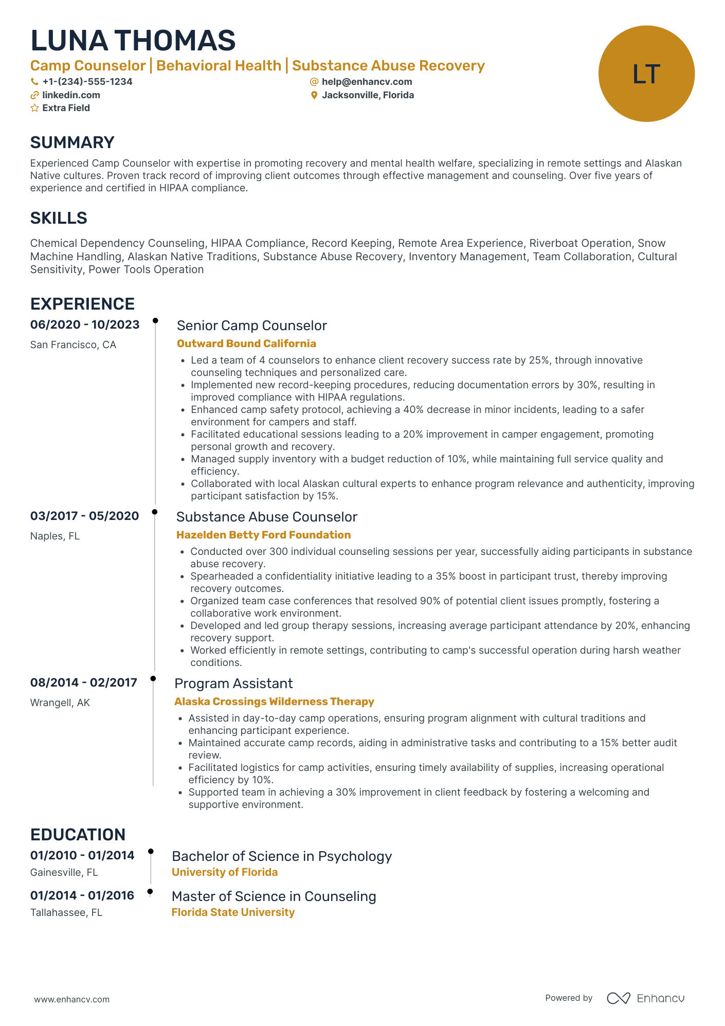 Camp Counselor Supervisor Resume Example