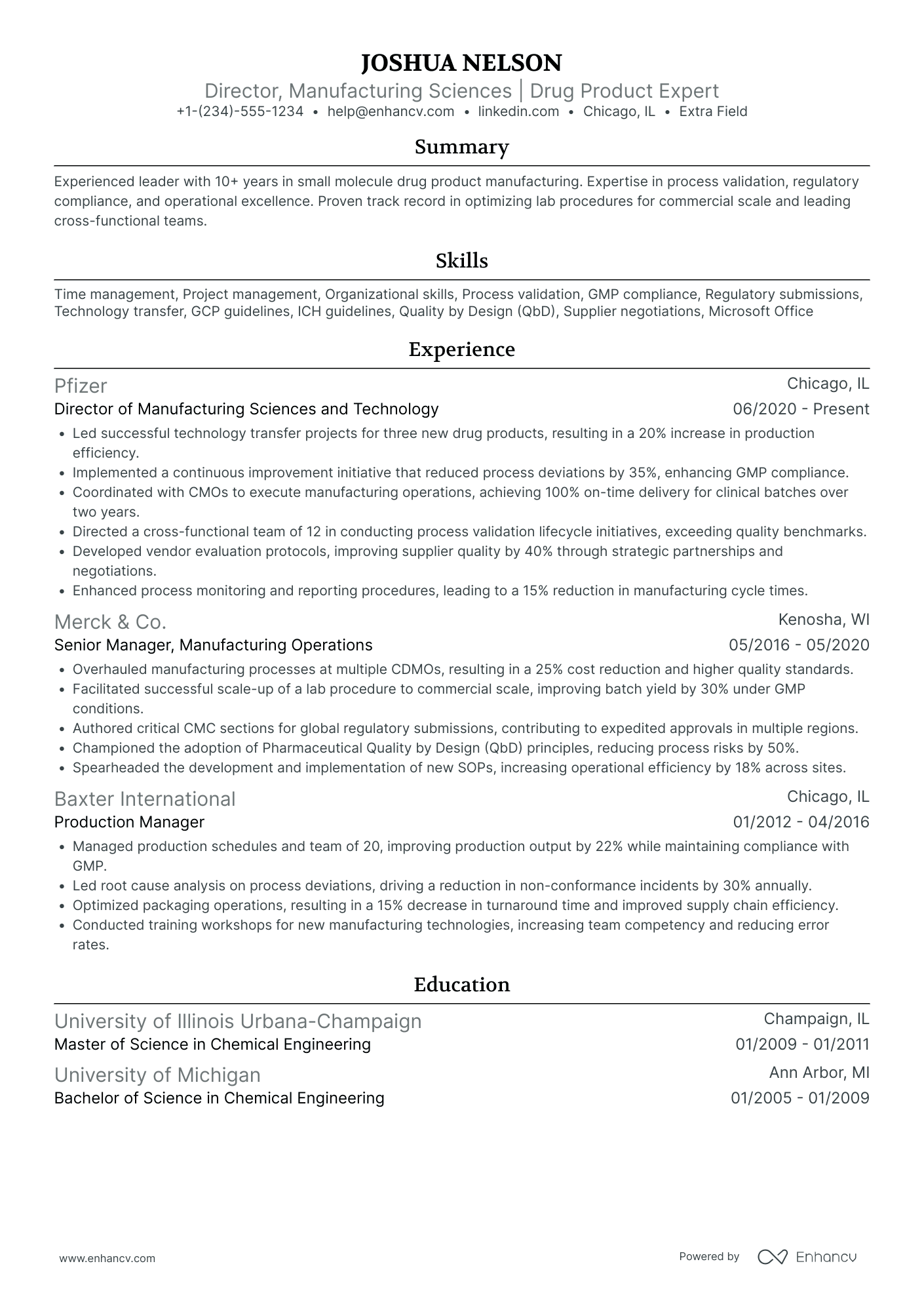 Managing Director of Manufacturing Resume Example