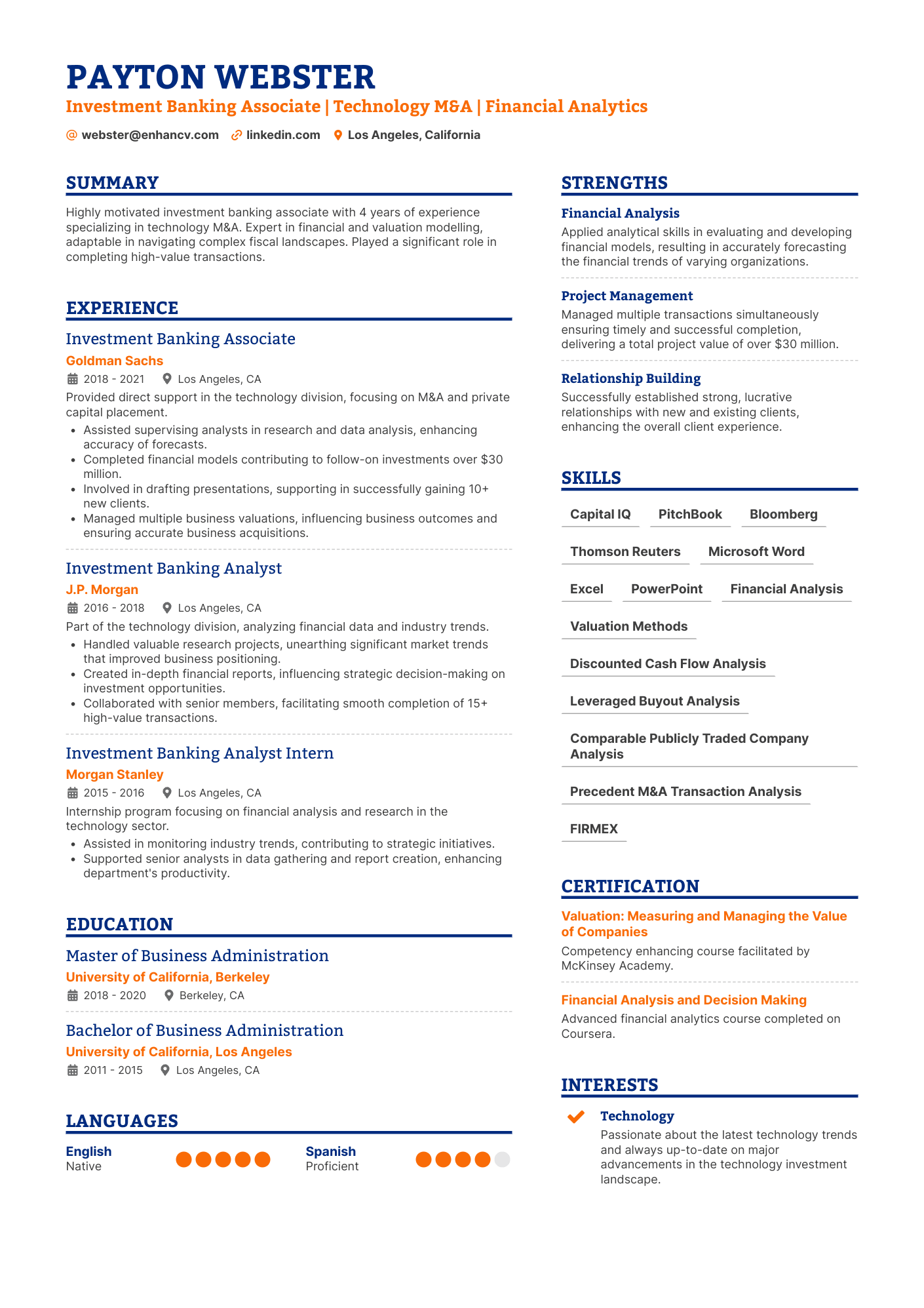 Investment Banking Associate Resume Example