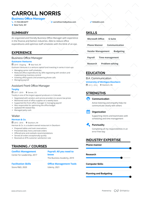 Business Office Manager Resume Example