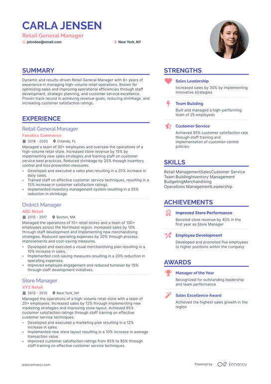Retail General Manager Resume Example