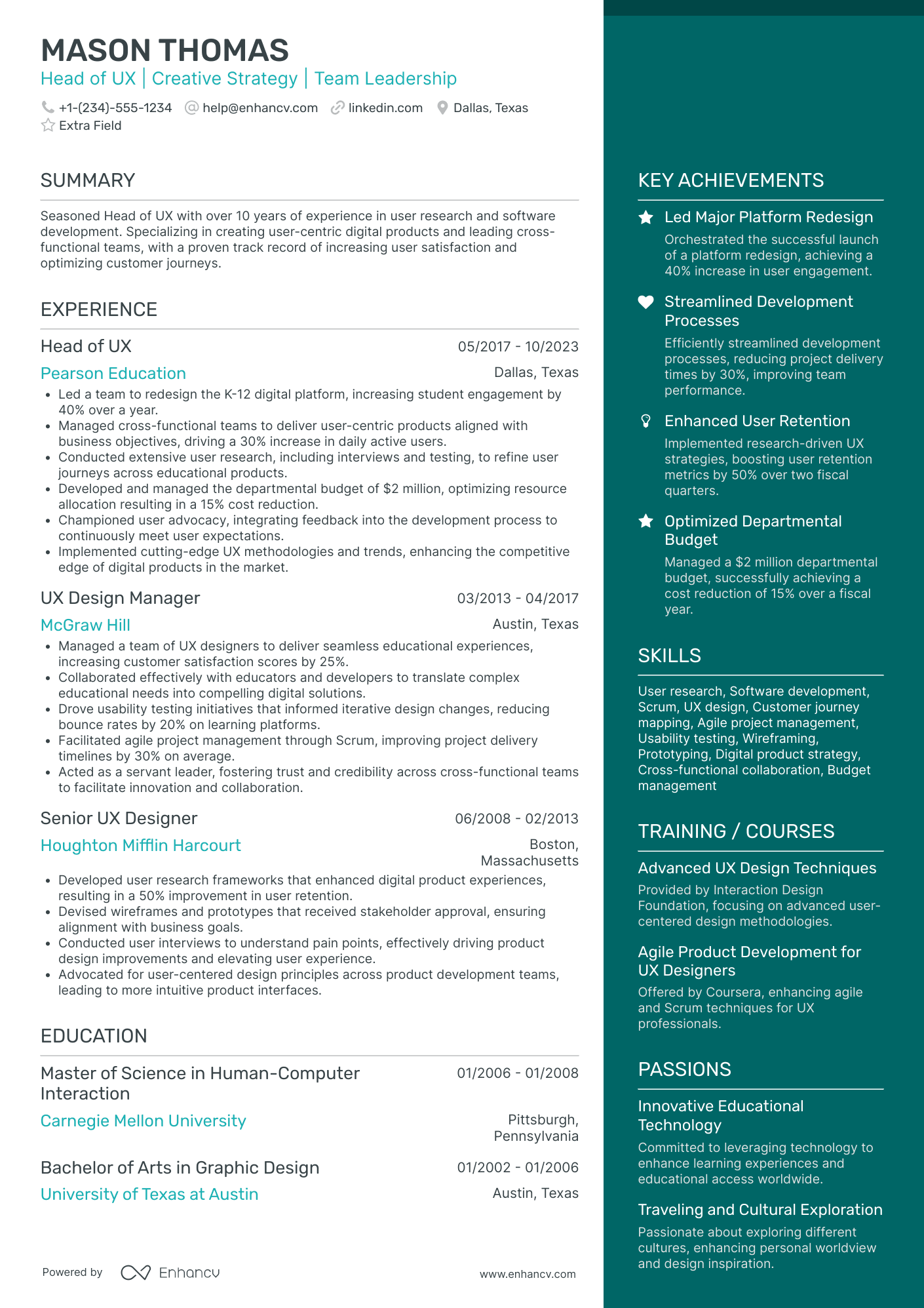 Head of UX Design Resume Example