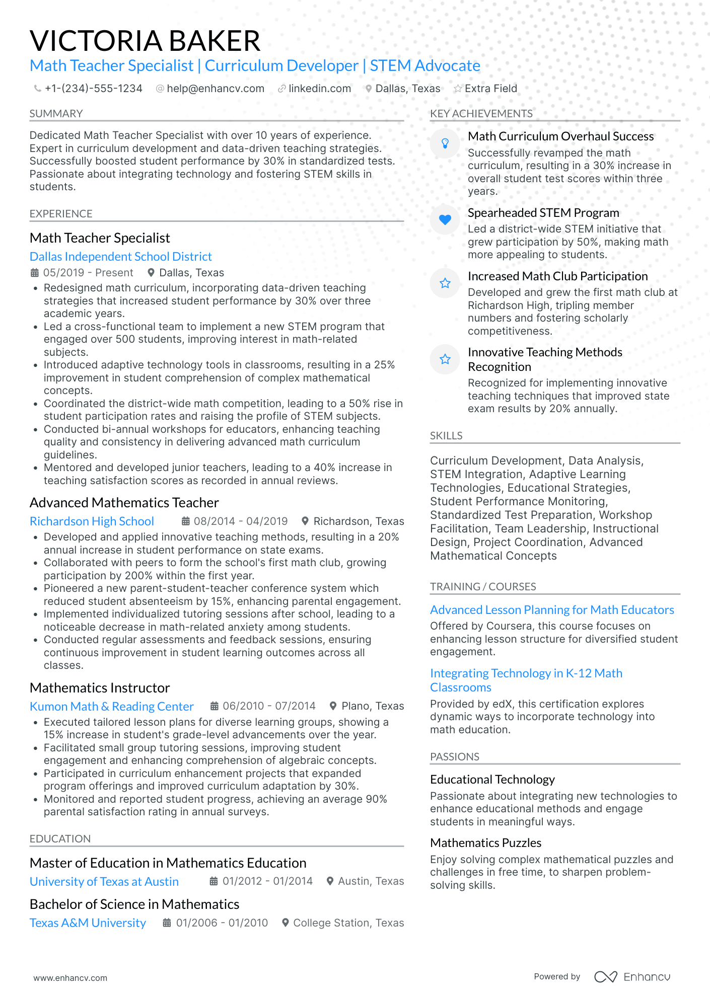 Math Teacher Specialist Resume Example