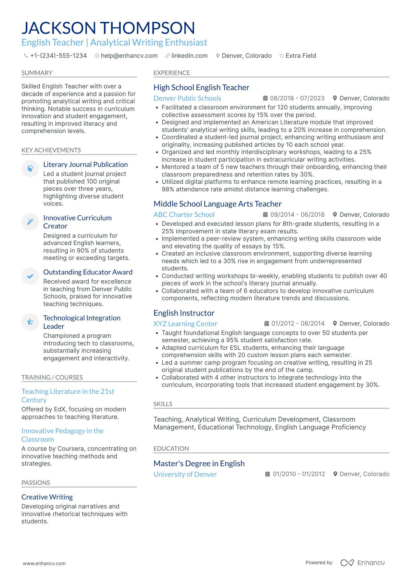 Senior English Teacher Resume Example