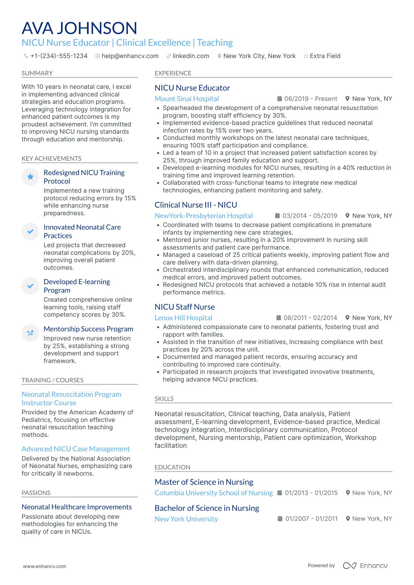 NICU Nurse Educator Resume Example