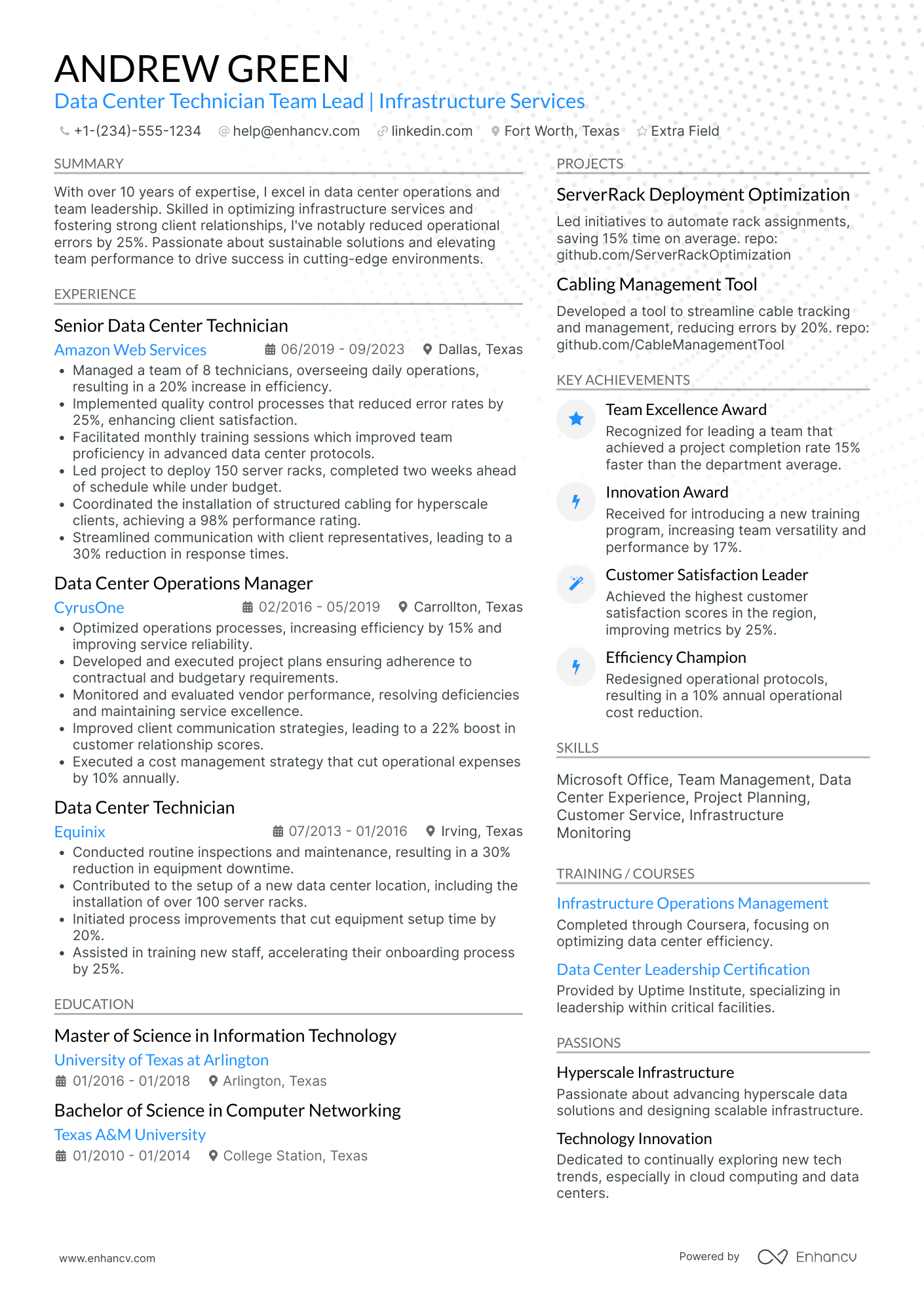 Lead Data Center Technician Resume Example