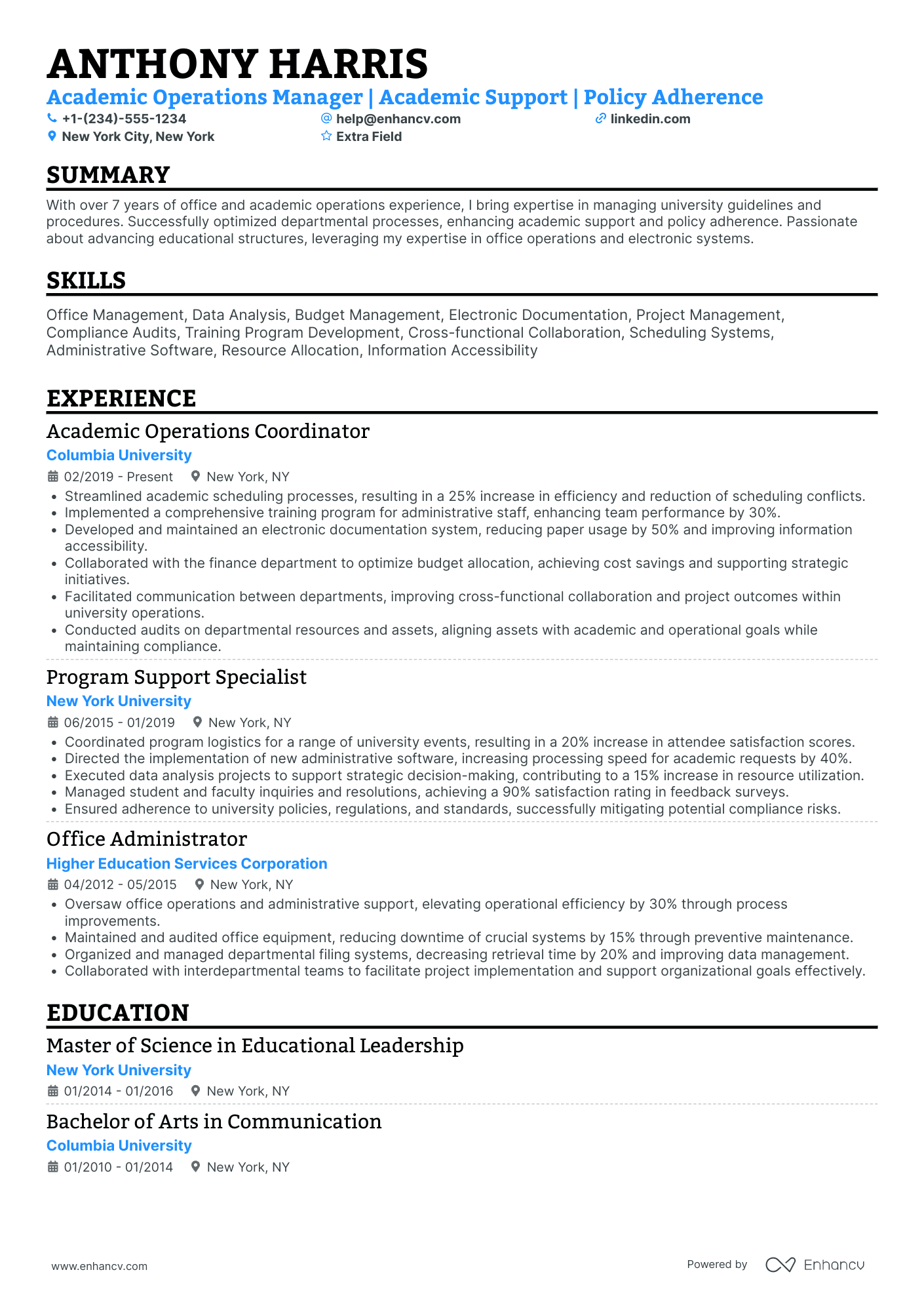 Academic Operations Manager Resume Example