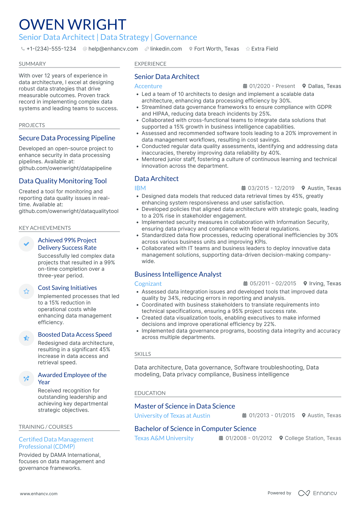 Senior Data Architect Resume Example