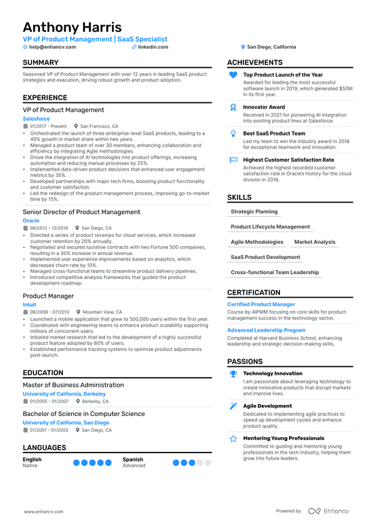 VP of Product Management Resume Example