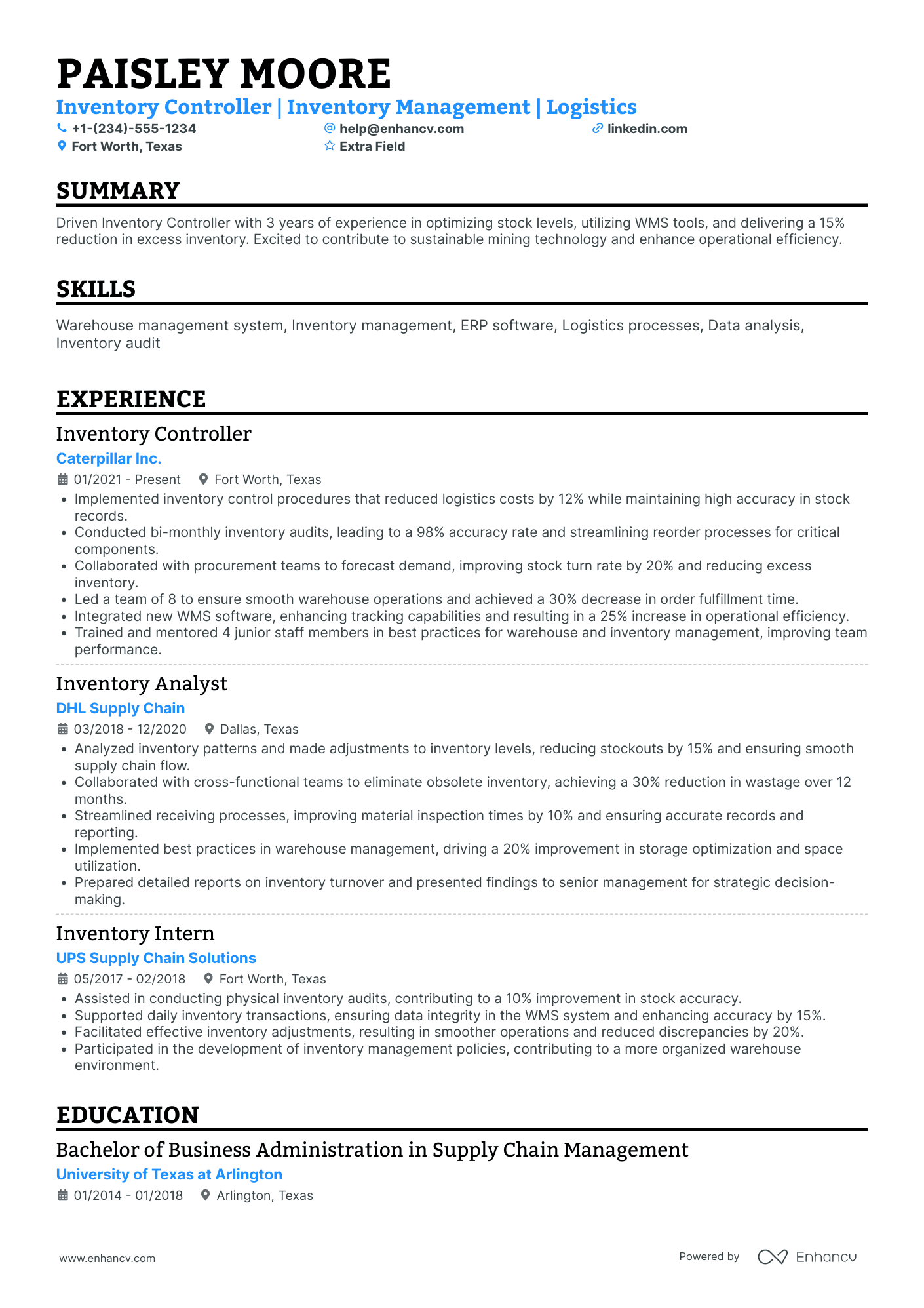 Junior Inventory Controller Resume Example