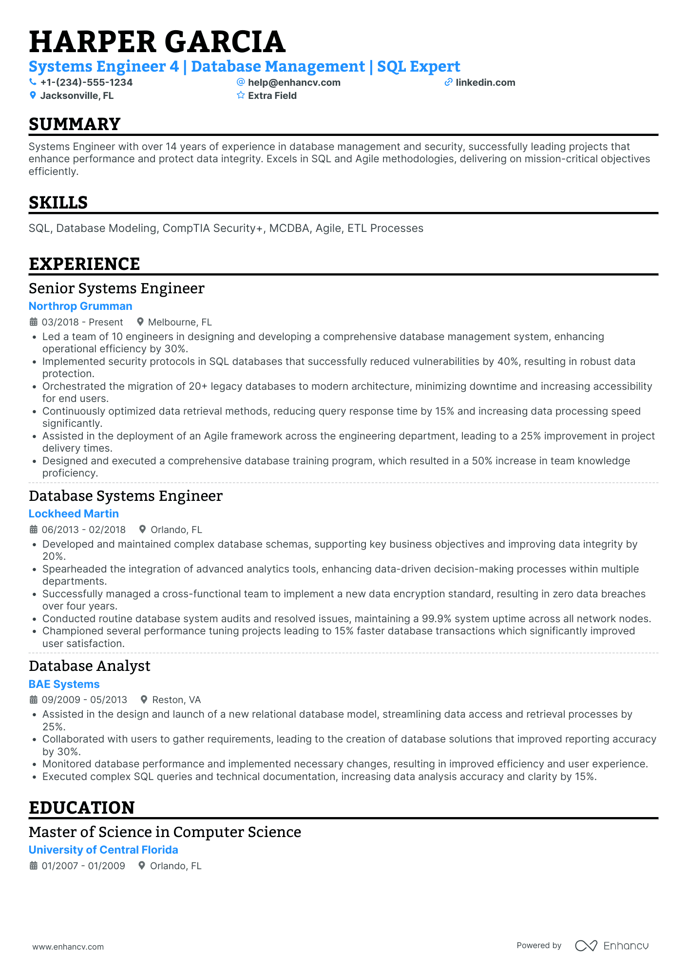 Database Systems Engineer Resume Example