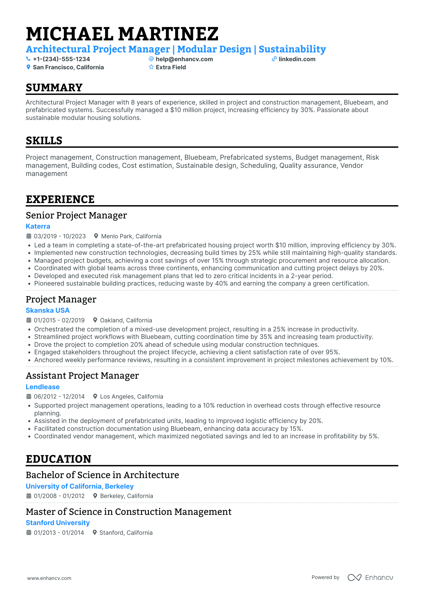 Freelance Architectural Project Manager Resume Example