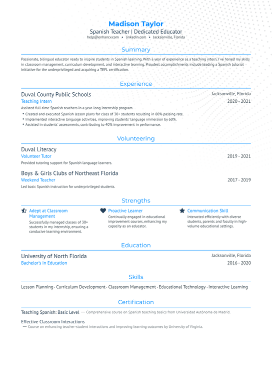 New Spanish Teacher With No Experience Resume Example