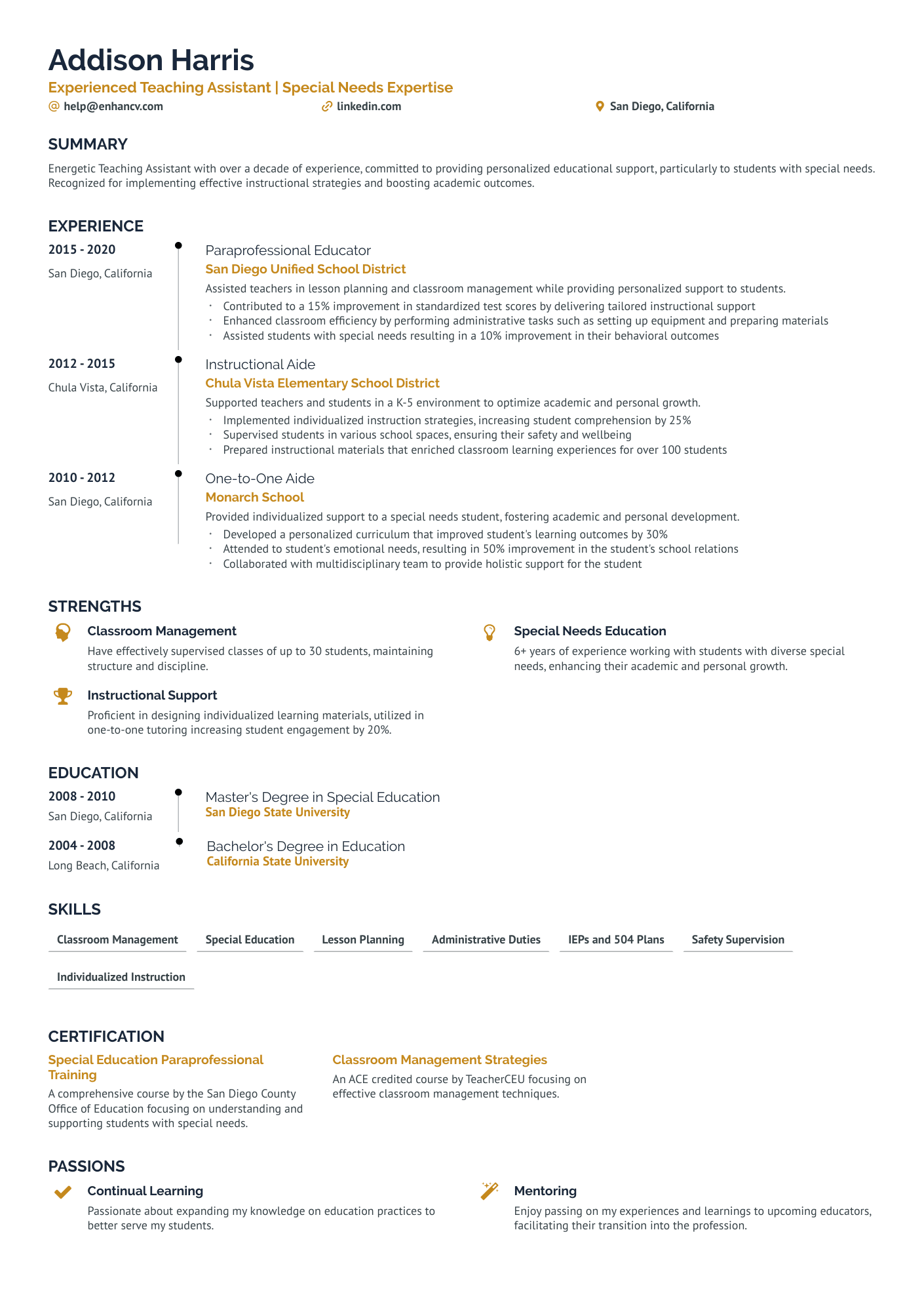Certified Physical Education Teacher Resume Example