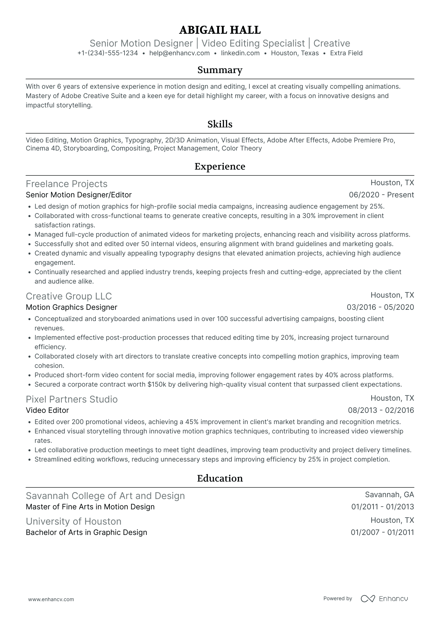 Visual Effects Artist Resume Example