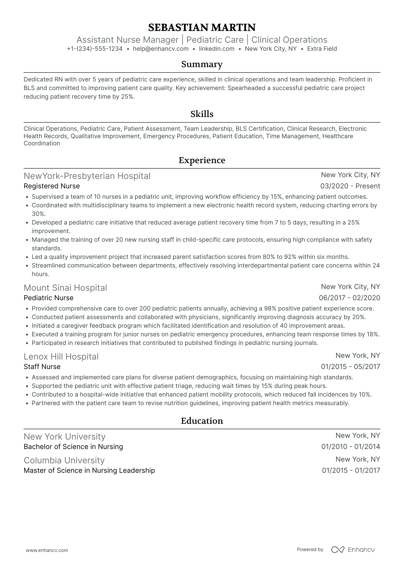 Pediatric Nurse Manager Resume Example