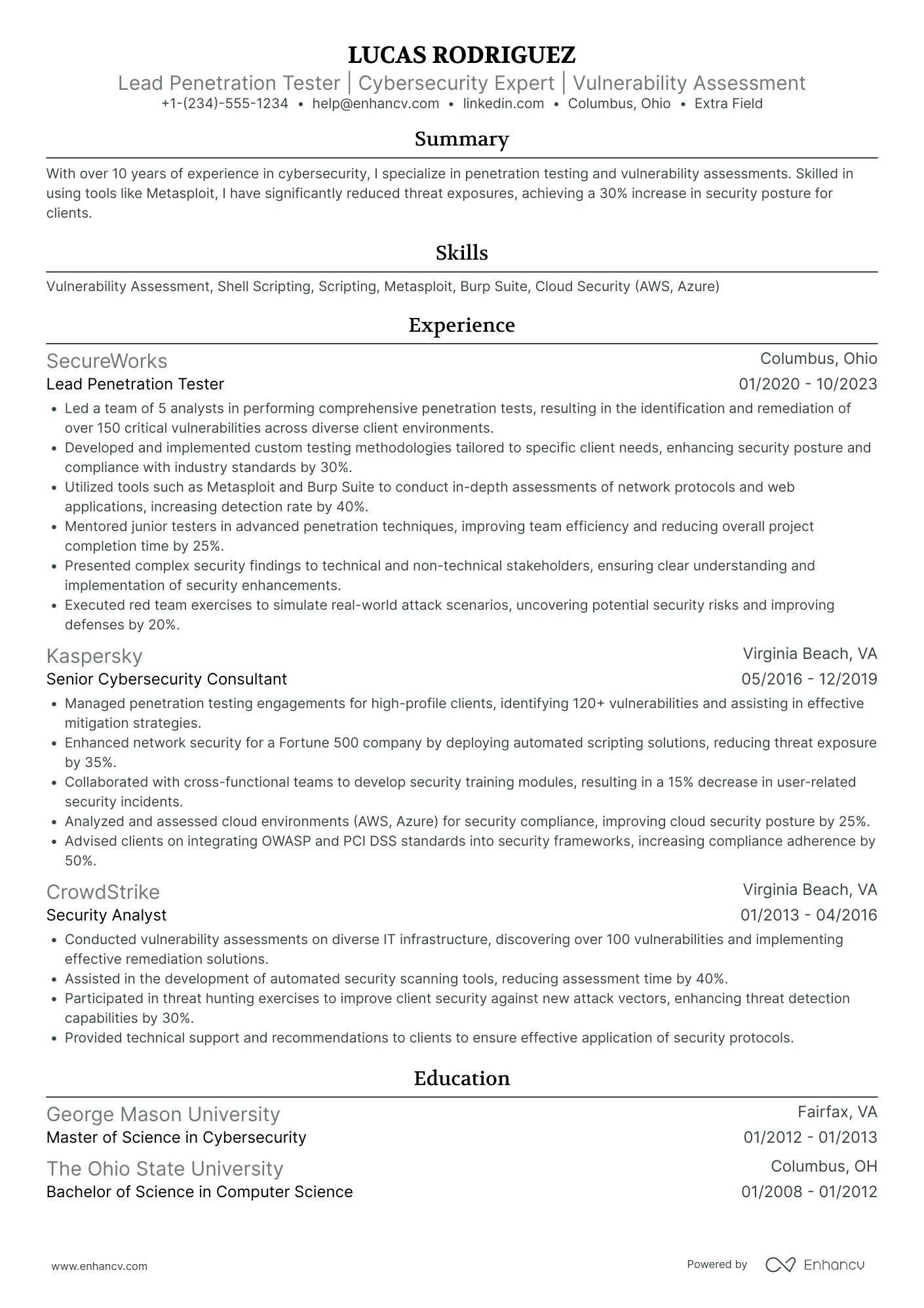 Lead Penetration Tester Resume Example