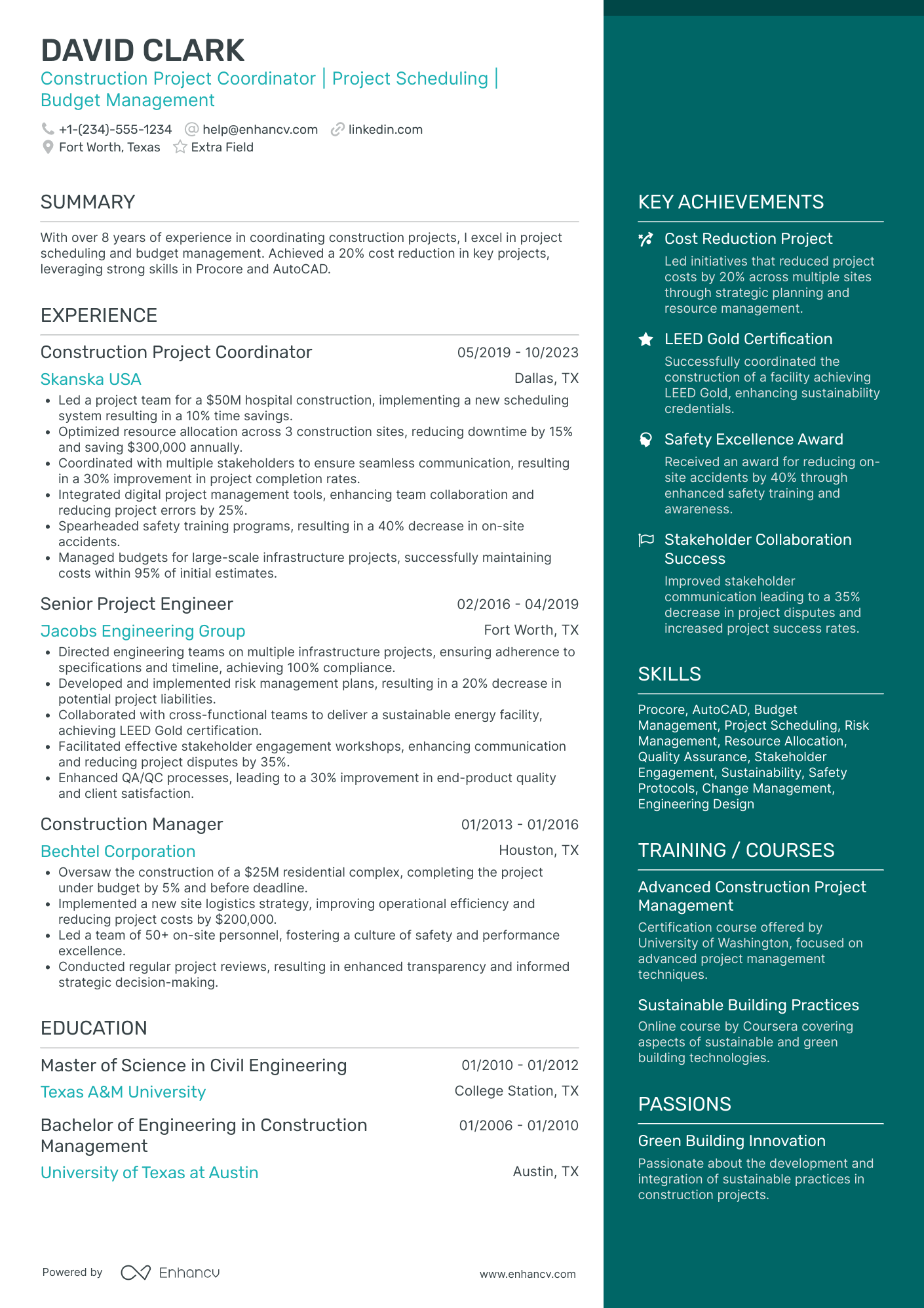 Construction Project Coordinator Resume Example