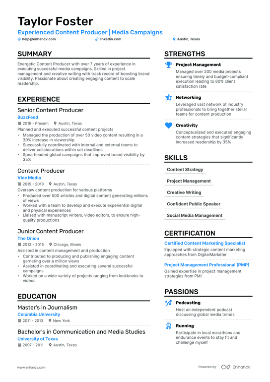 Creative Producer Resume Example