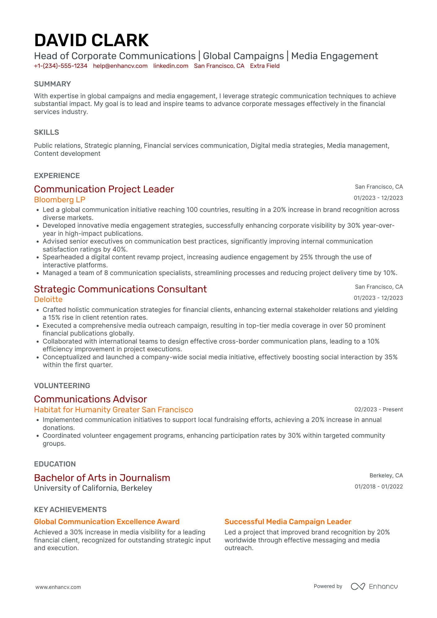 Head of Internal Communications Resume Example