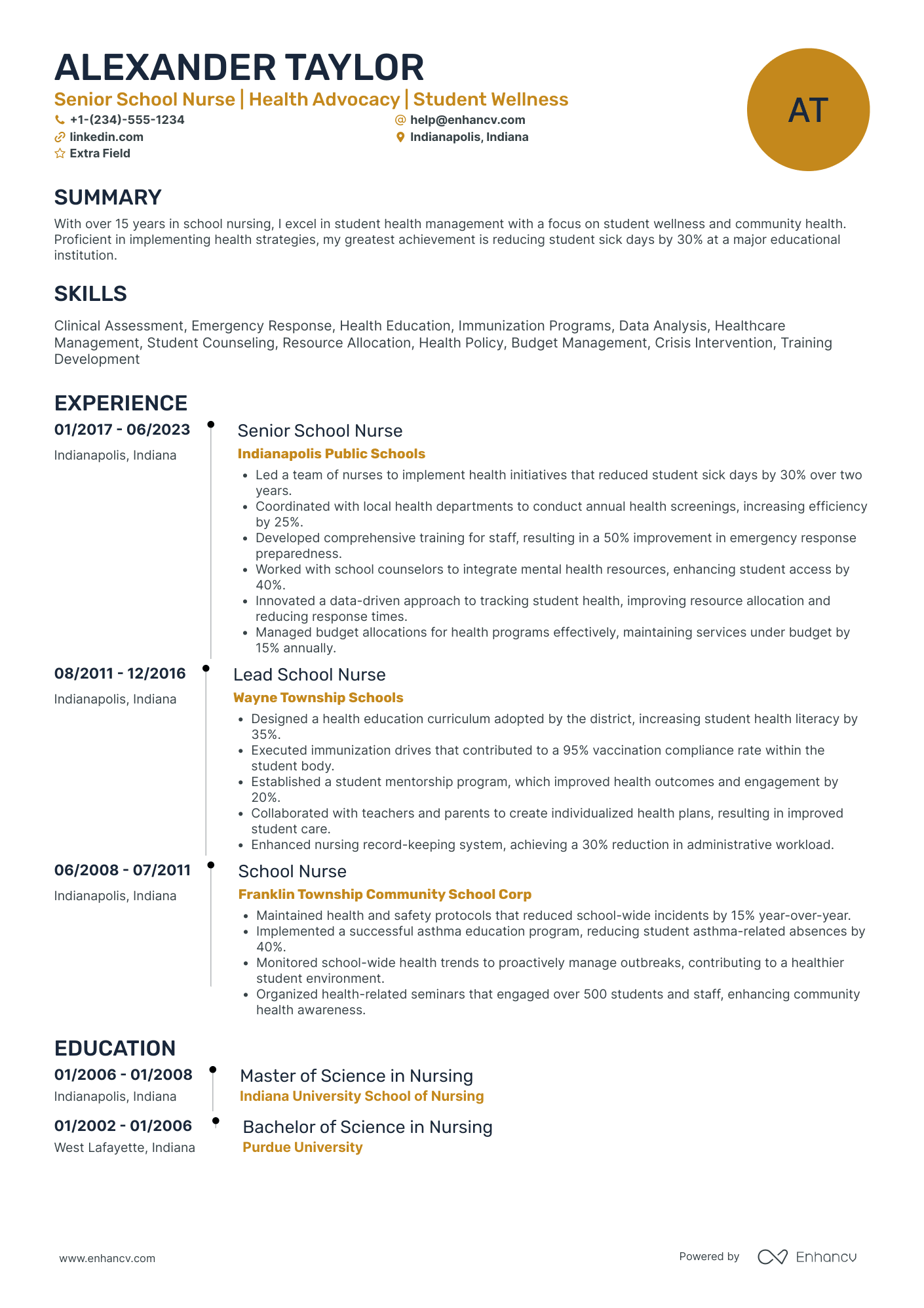 Senior School Nurse Resume Example