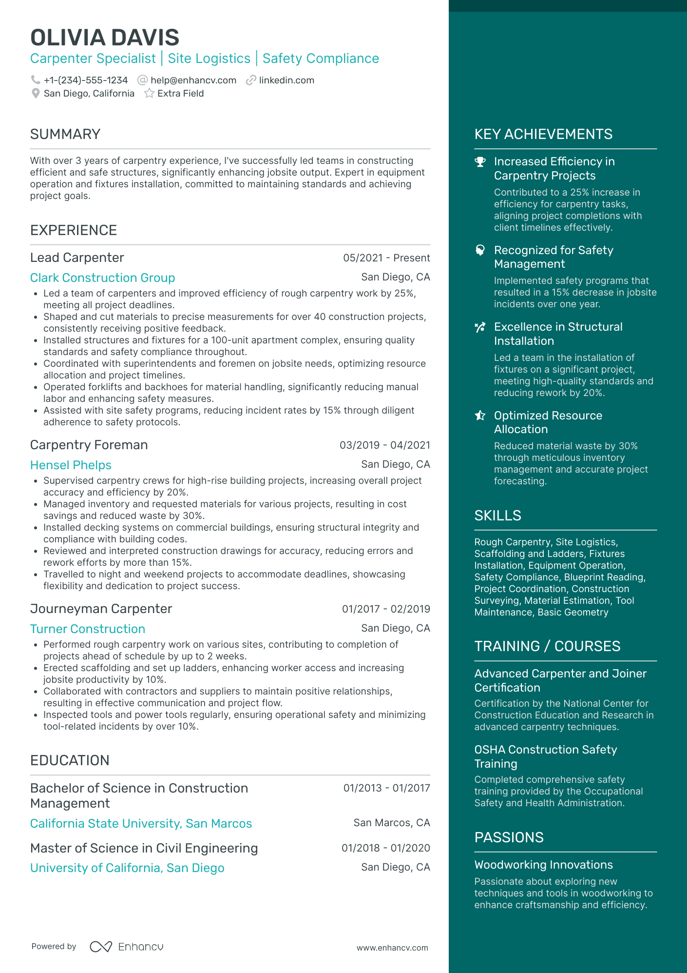 Construction Carpenter Resume Example