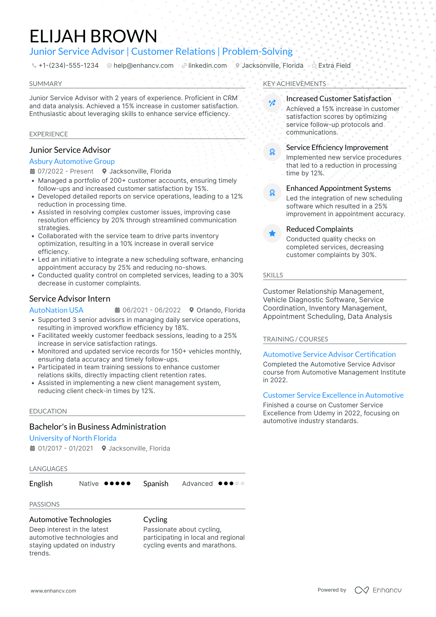 Junior Service Advisor Resume Example