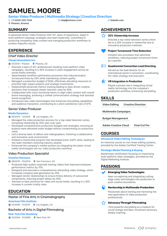 Video Production Manager Resume Example
