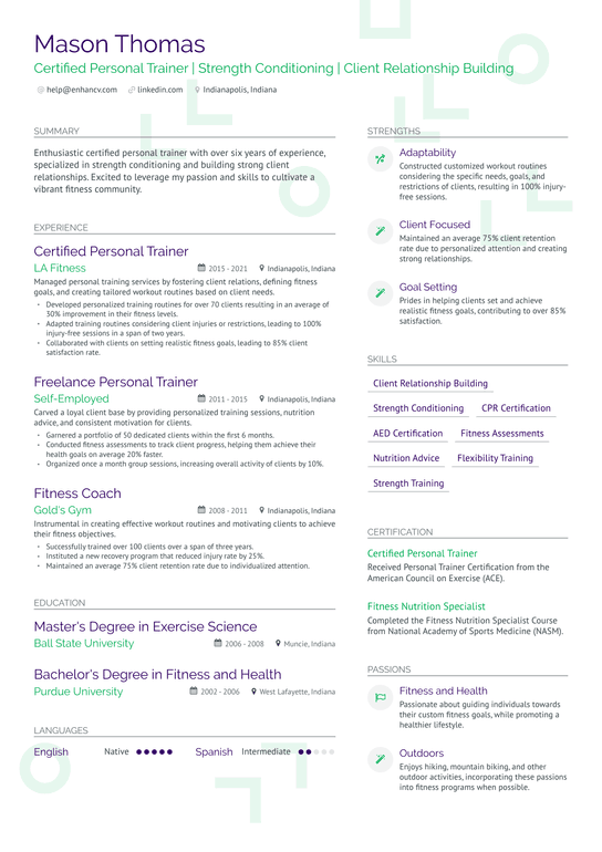 Self Employed Personal Trainer Resume Example