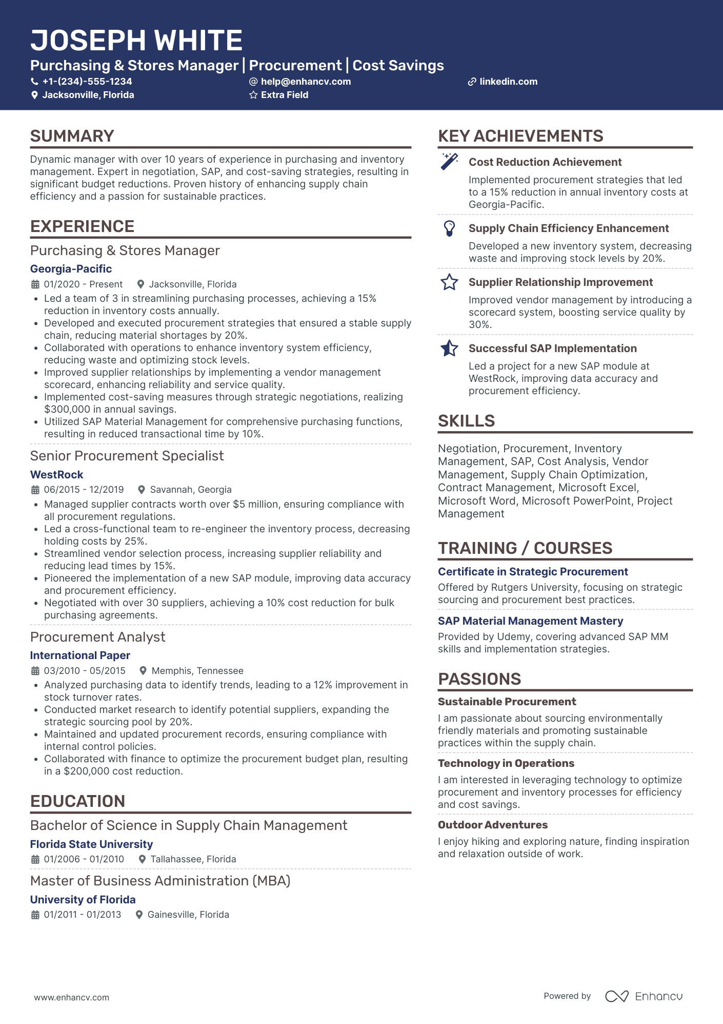 Store Purchasing Manager Resume Example