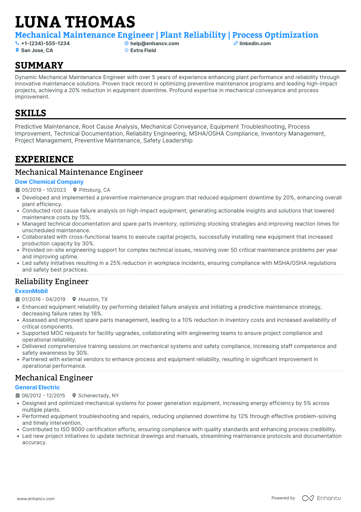 Mechanical Maintenance Engineer Resume Example