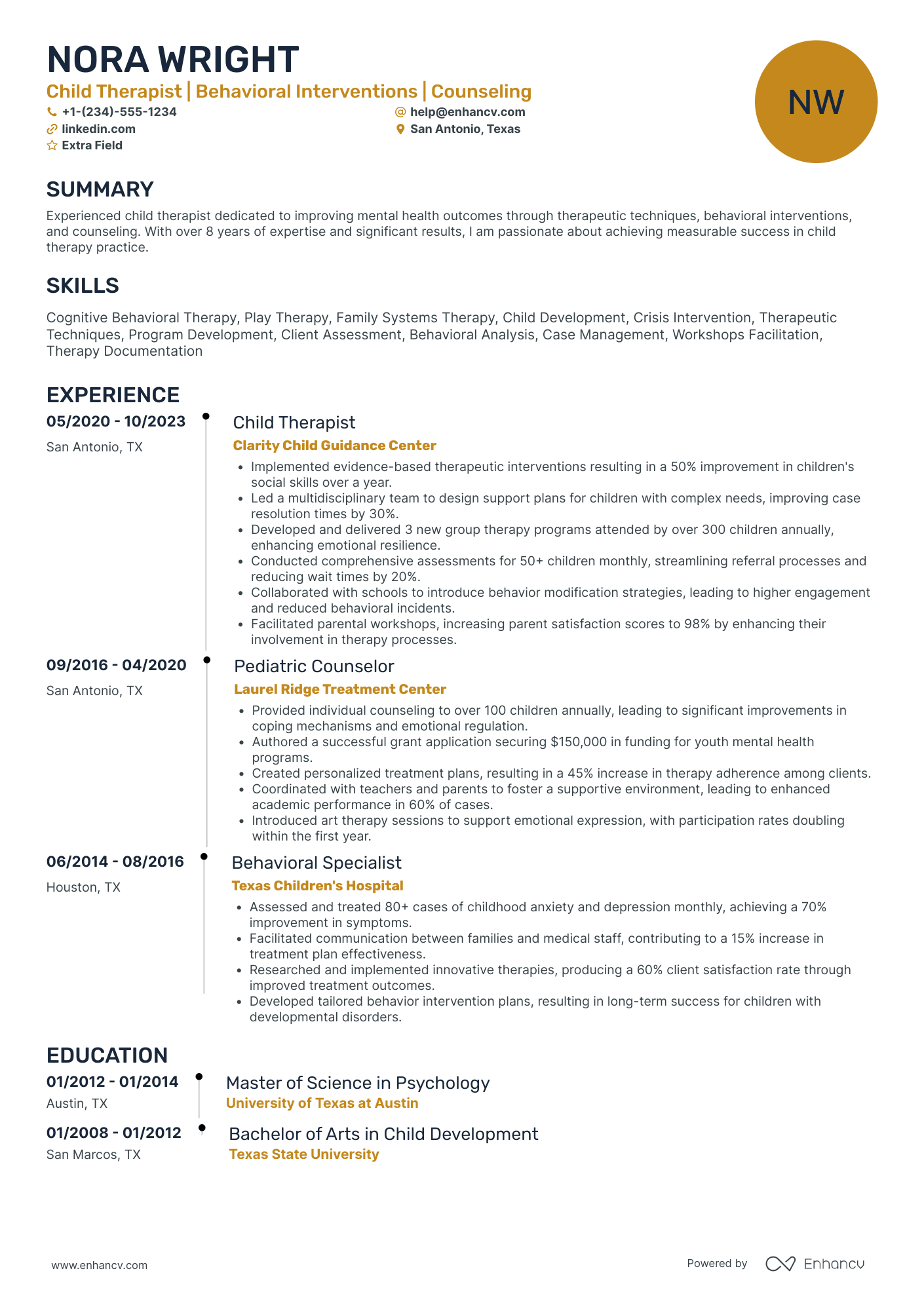 Child Therapist Resume Example