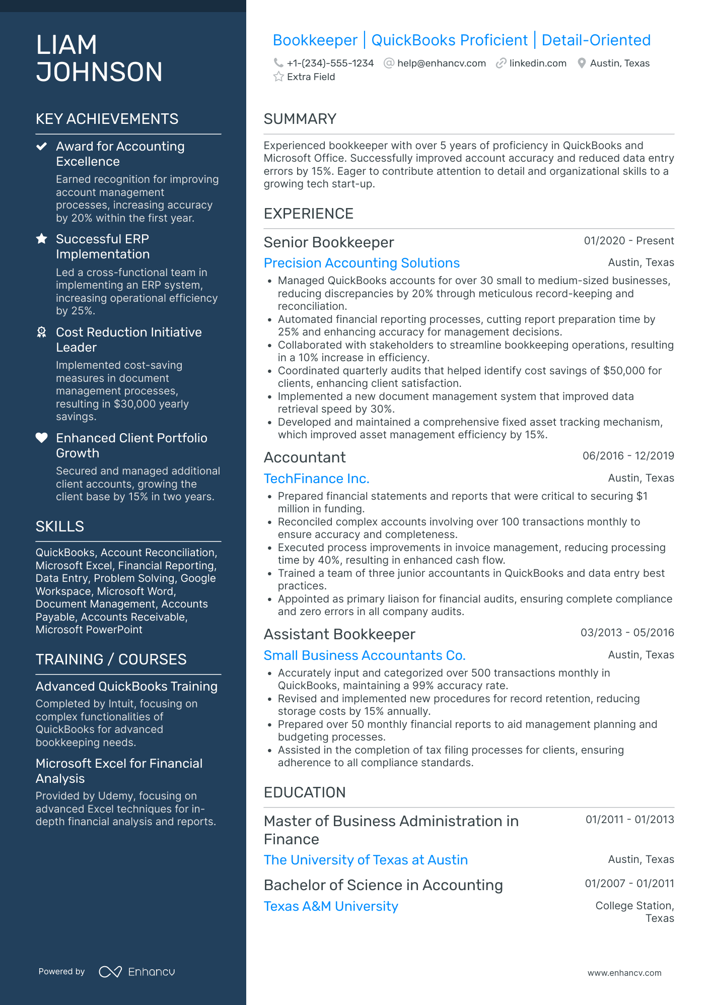 Part Time Bookkeeper Resume Example