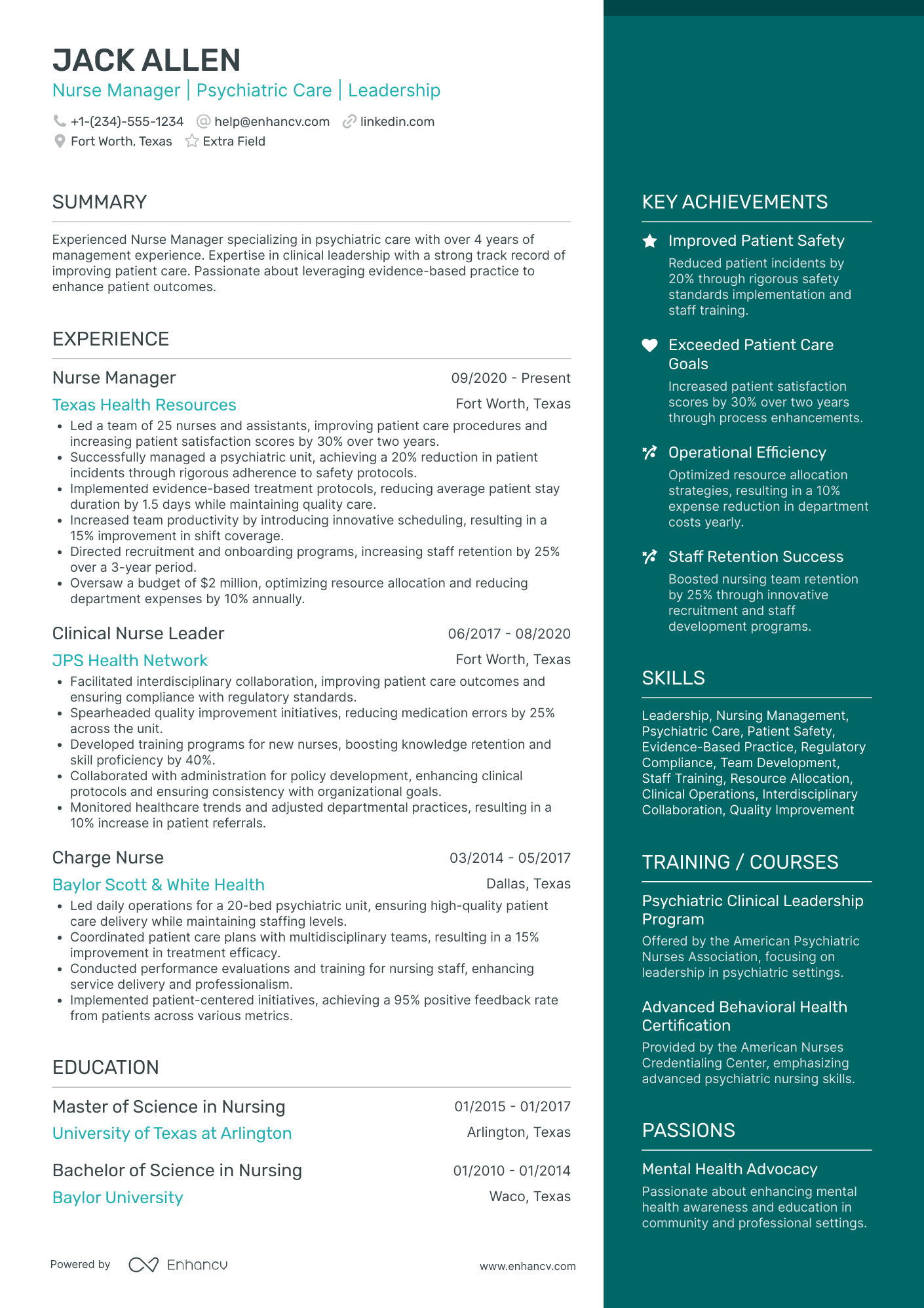 Psychiatric Nurse Manager Resume Example