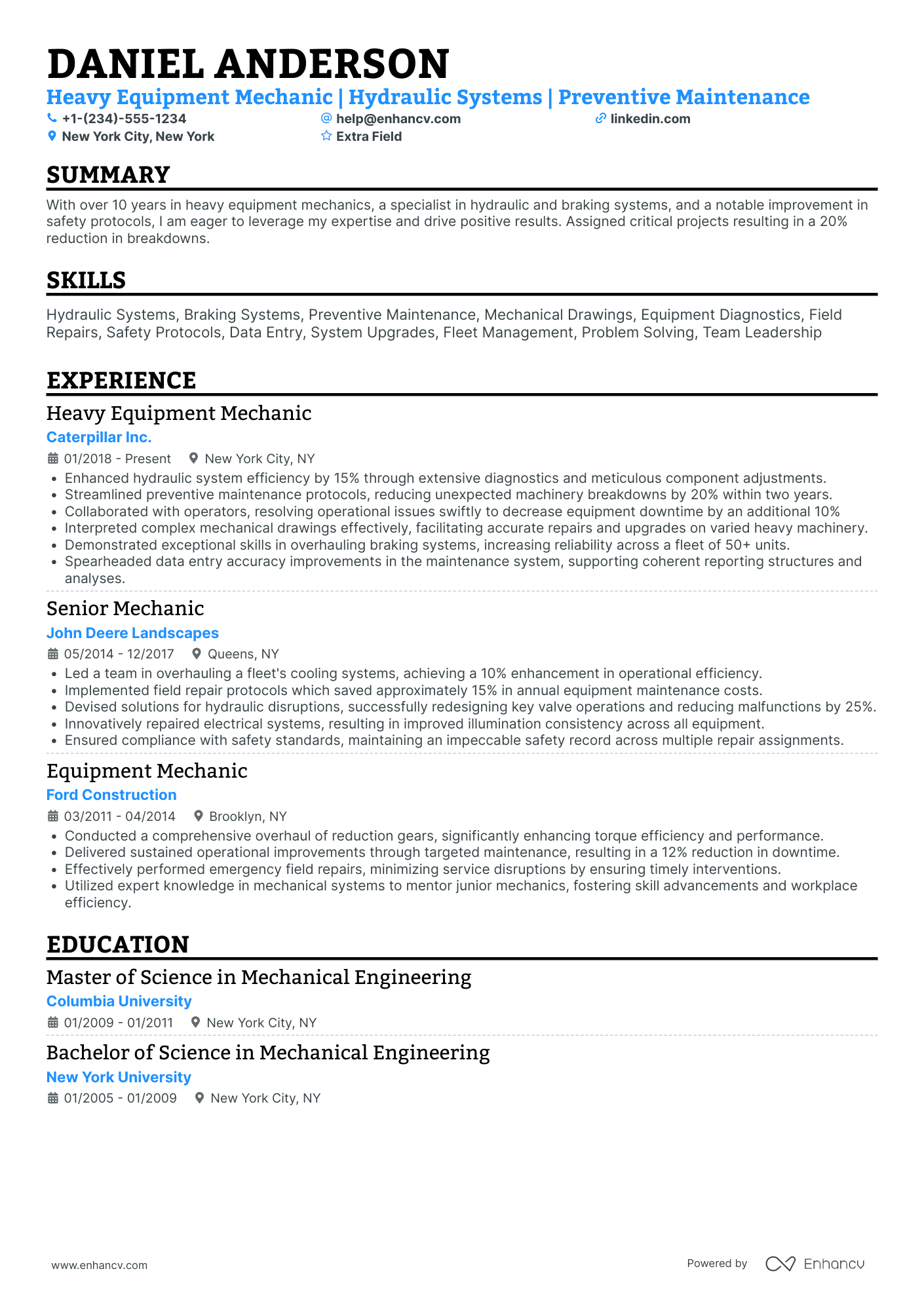 Heavy Equipment Mechanic Resume Example