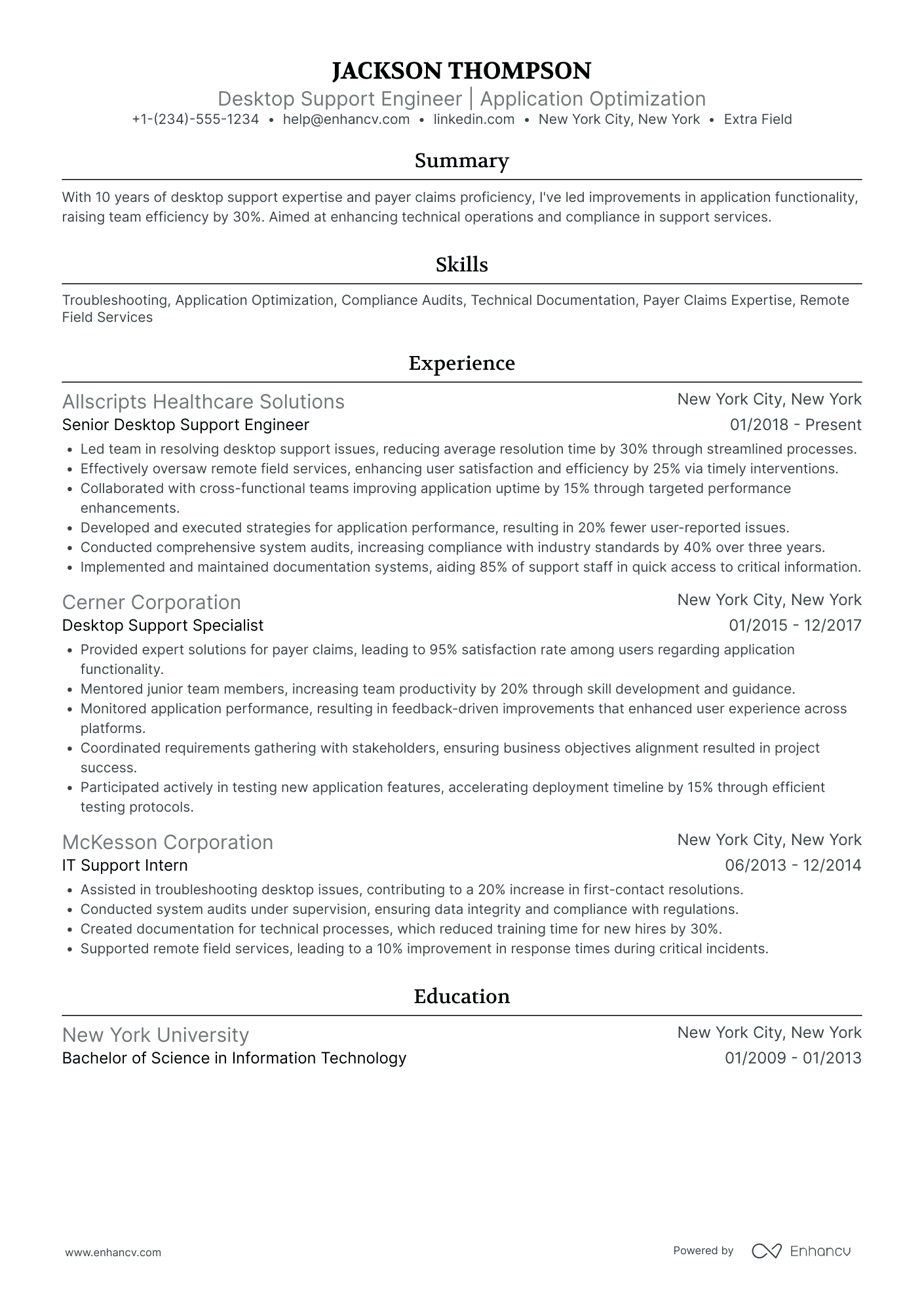 Junior Desktop Support Engineer Resume Example