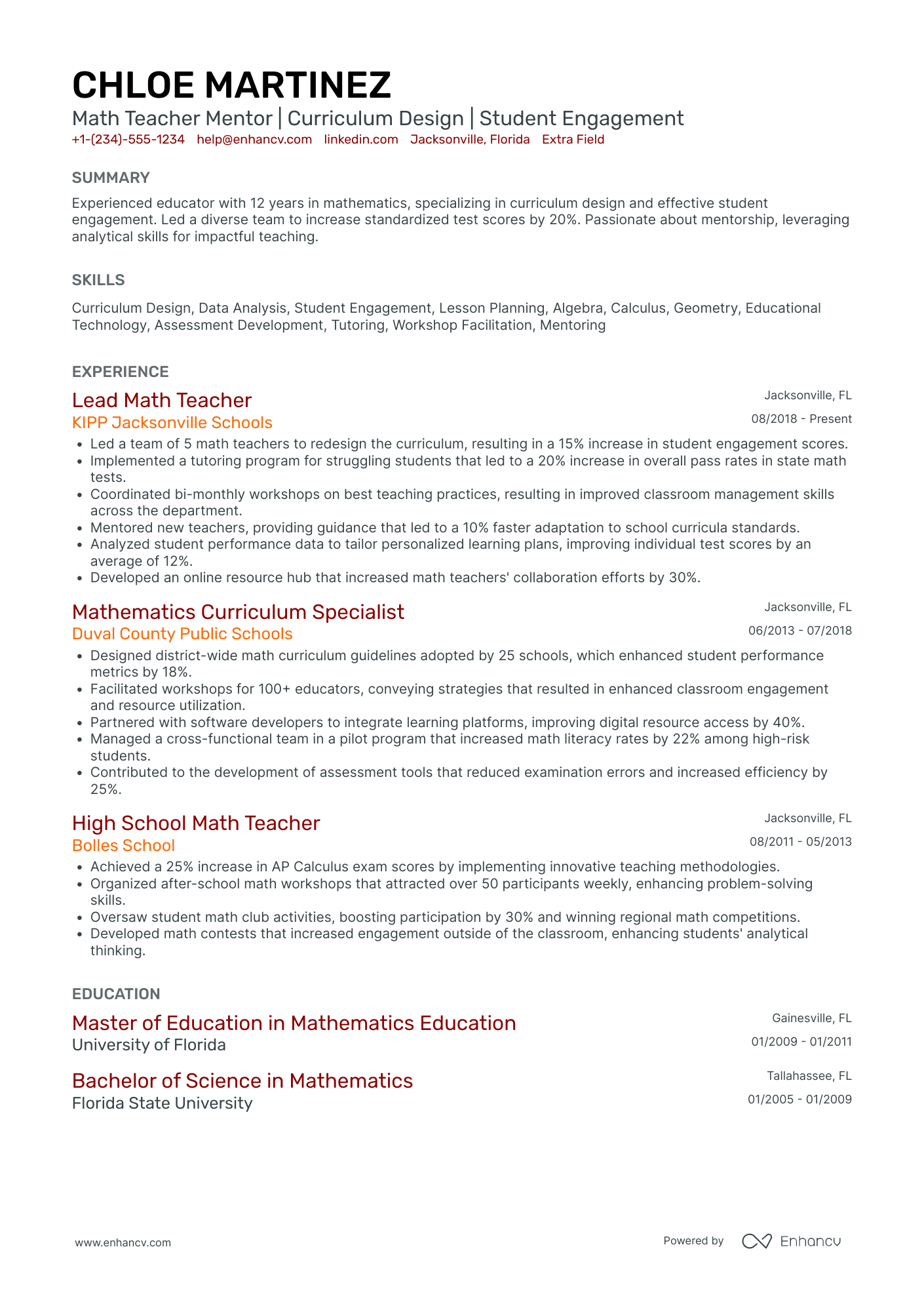 Math Teacher Mentor Resume Example