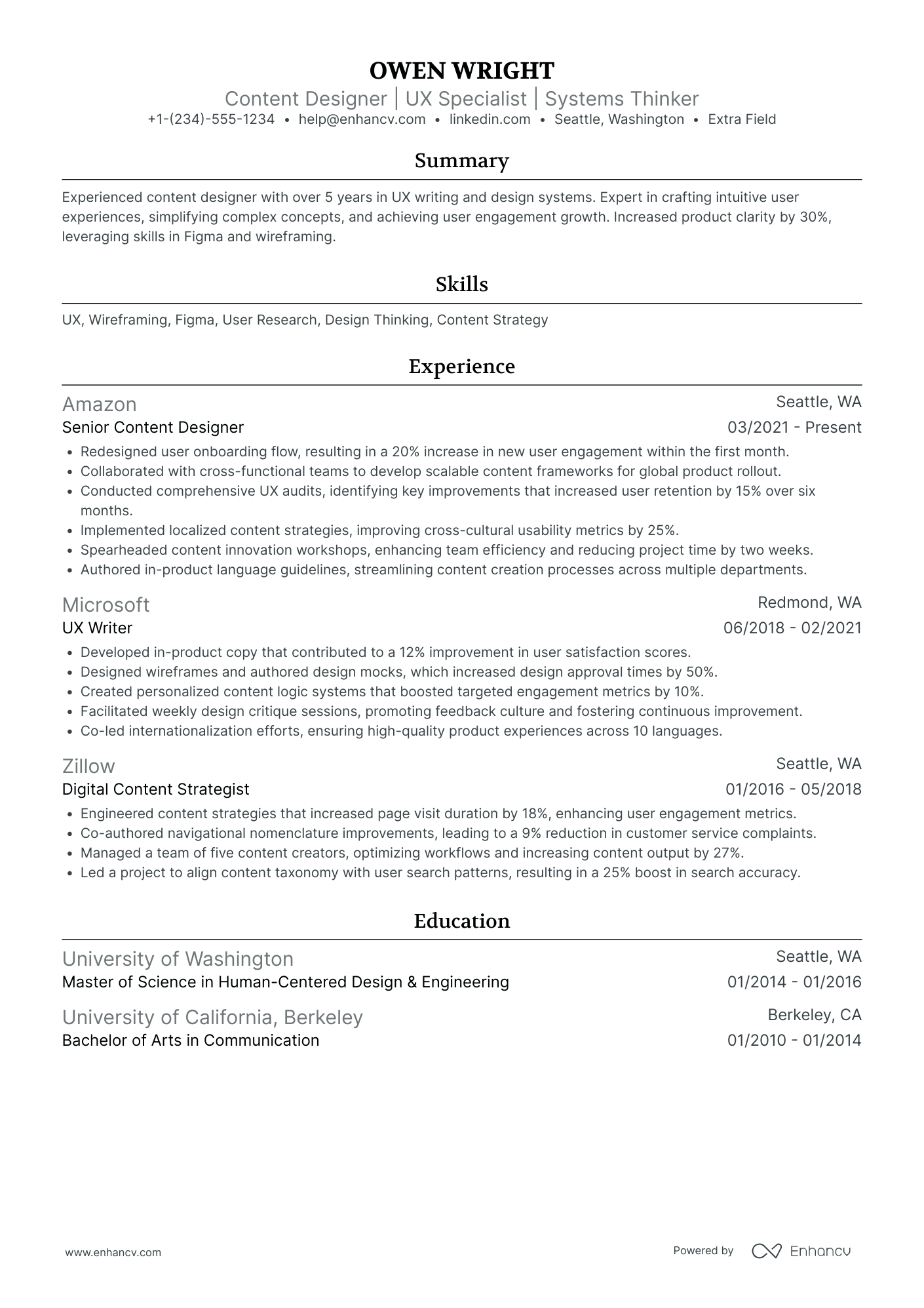 Facebook User Experience Designer Resume Example